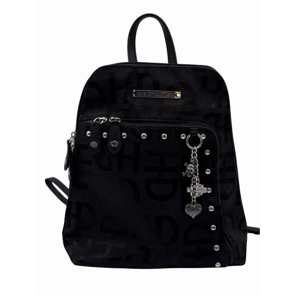 RARE Harley-Davidson Women's Black Monogram Backpack Studded Charm Zip Bag